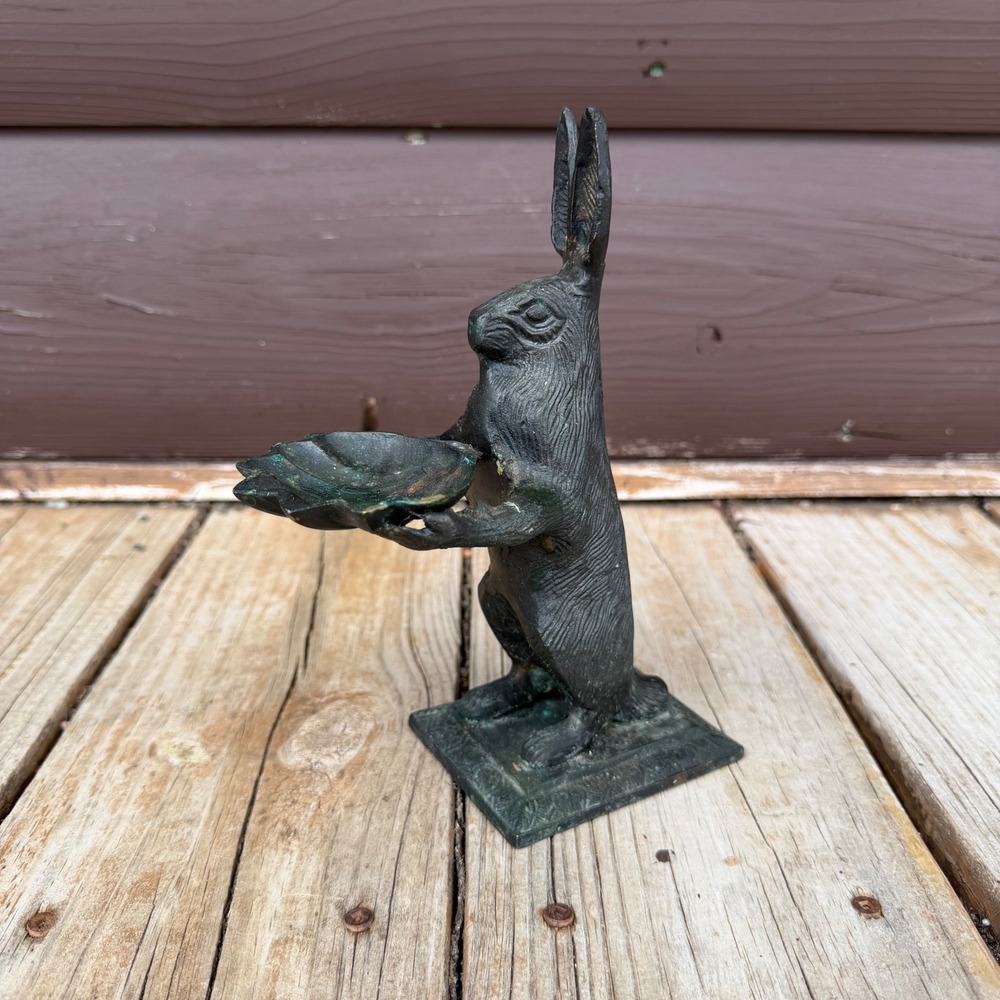 Cast Metal Rabbit Statue Holding Shell Tray Vanity Key Catchall Whimsical Decor